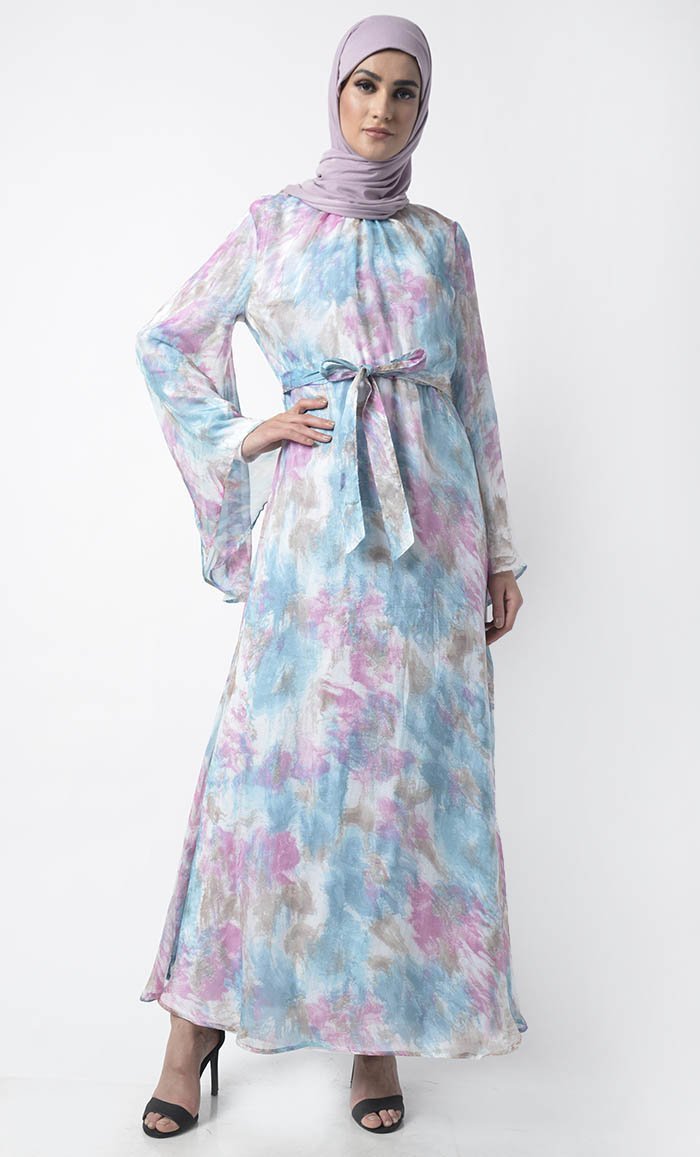 Abstract Printed Classic Fully Lined Chiffon Everyday Abaya