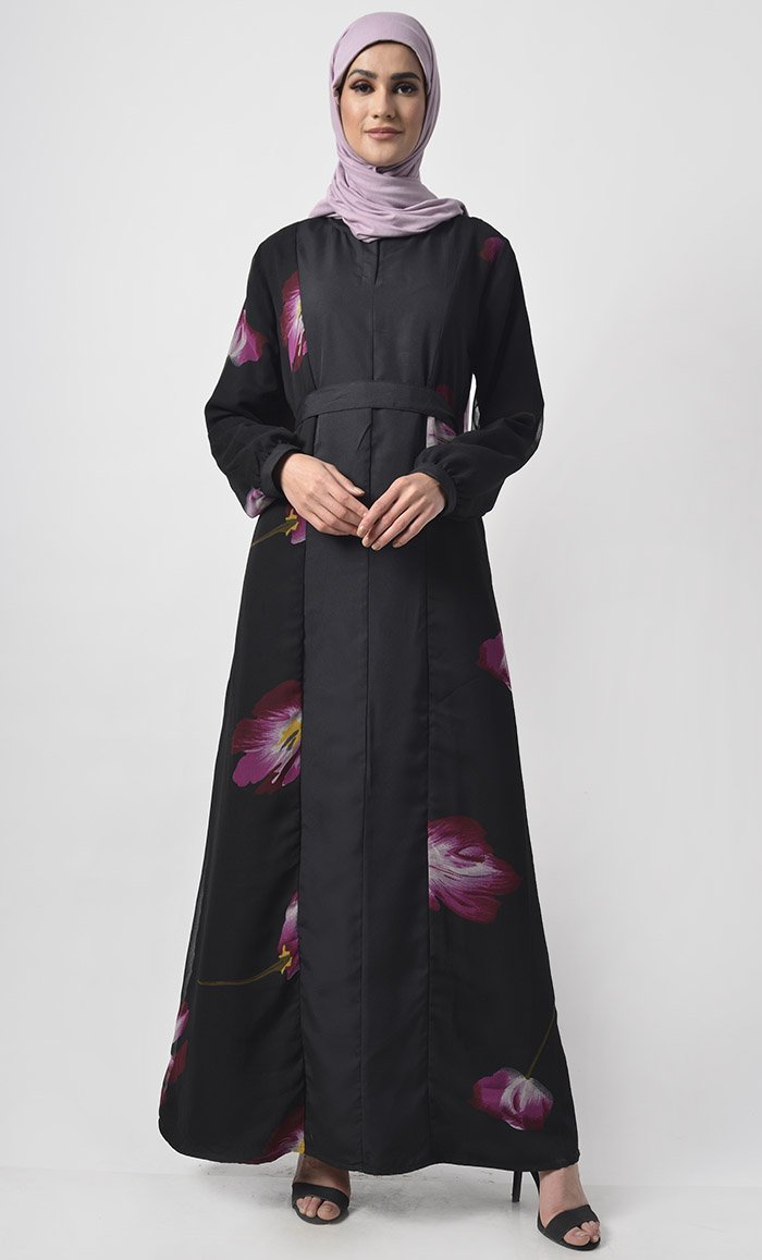 Front With Printed Panel Abaya With Pockets