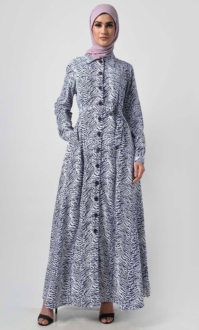 Waves On Shore Printed Chiffon Abaya Dress -Fully lined Modest