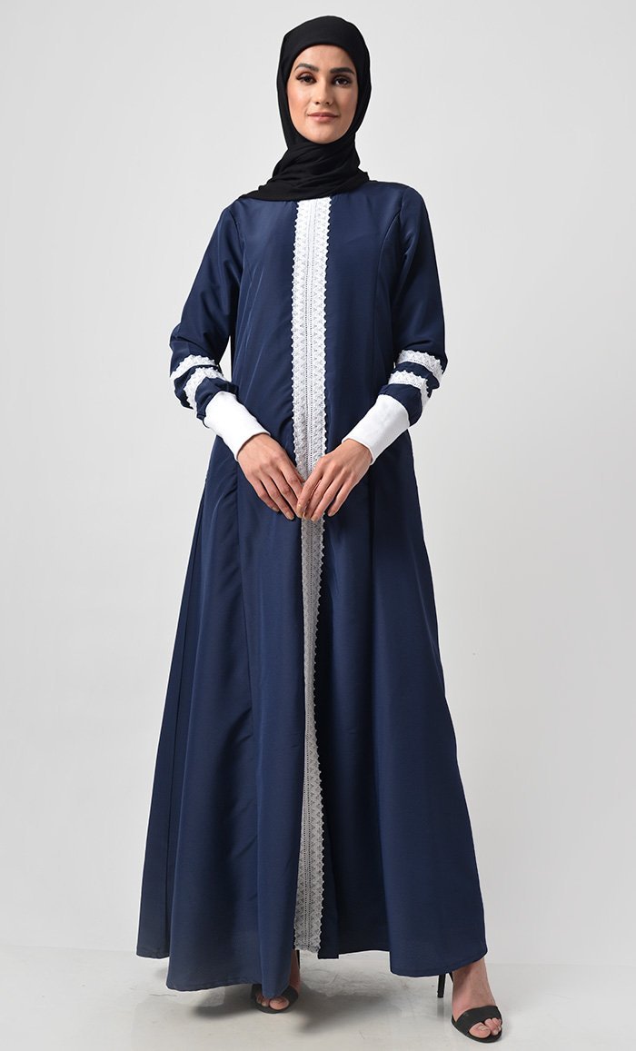 Front Delicate Lace Adorned Abaya