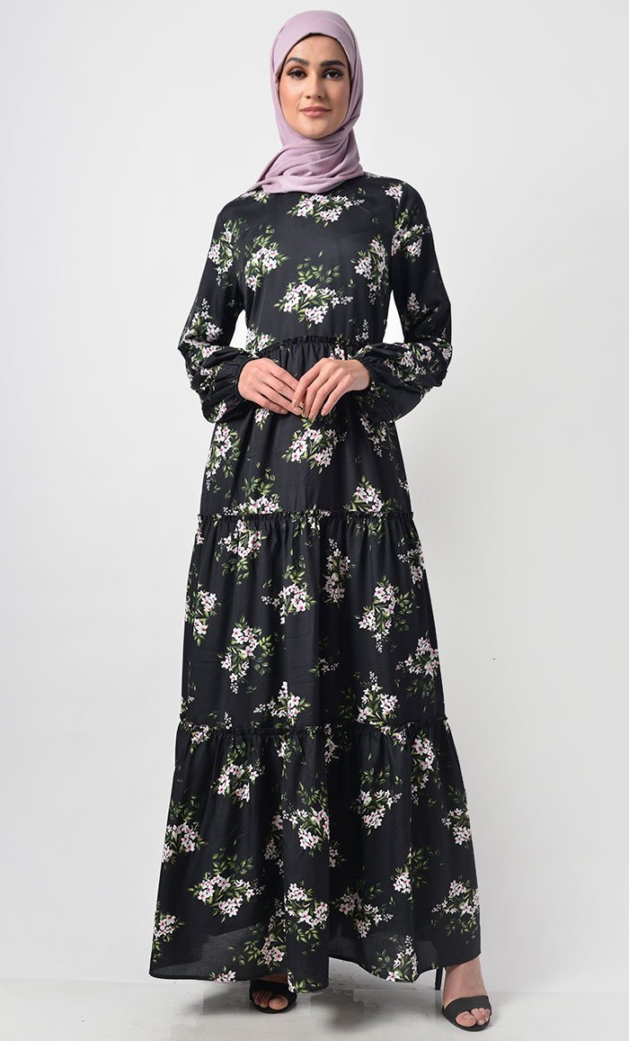 Multi-Tier Crepe Floral Printed  Abaya Dress