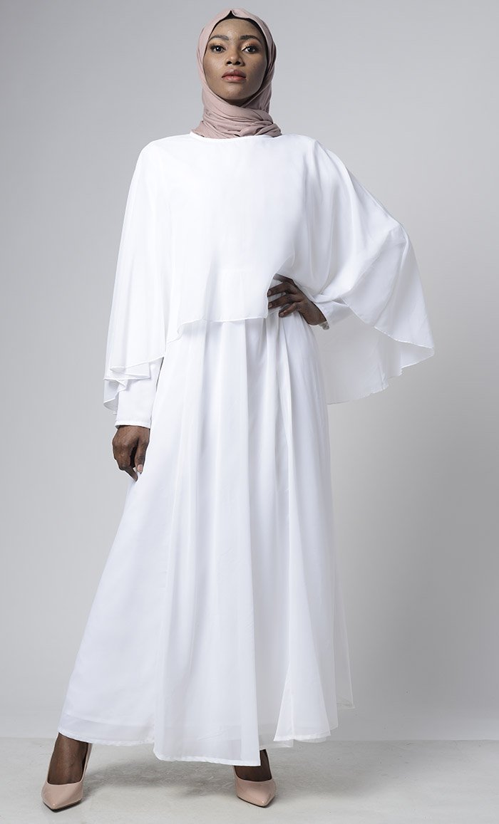 Graceful White Georgette With Upper Cape Everyday Abaya