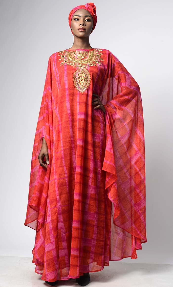 Bright Summer Plaids Printed Moroccan Chiffon Loose Kaftan Dress | Fully Lined | Matching Hijab Included