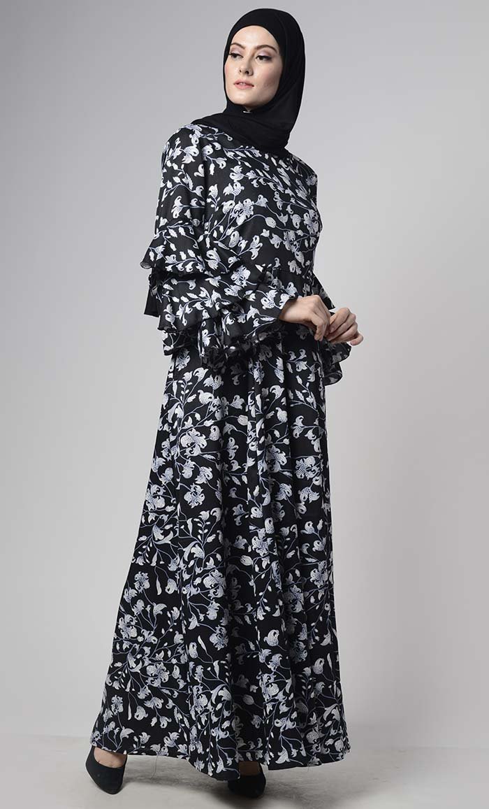 Black Western Printed Crepe Layered Sleeves Abaya