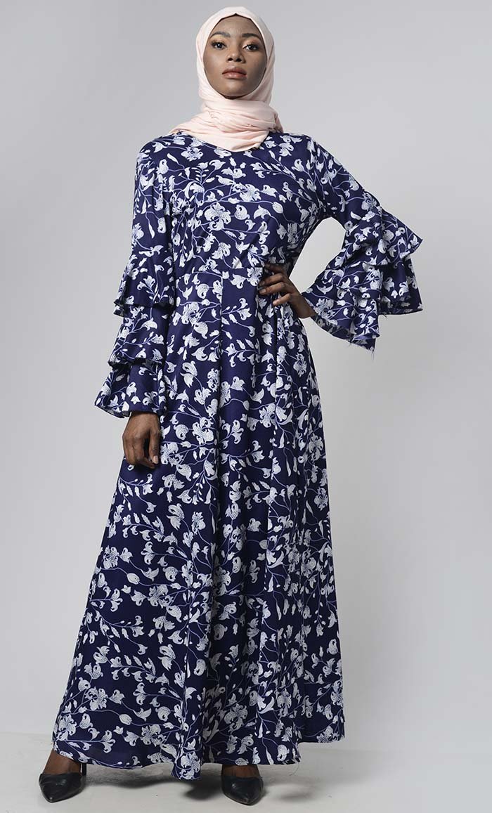 Navy Western Printed Crepe Layered Sleeves Abaya