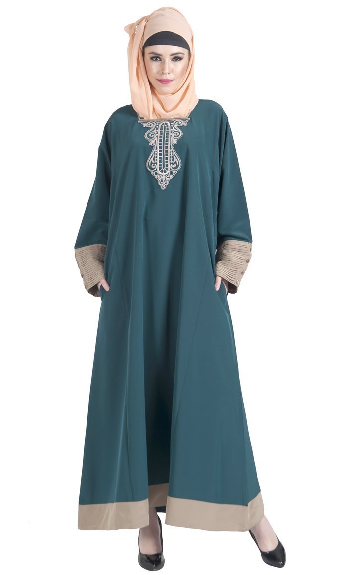 Thread embroidered patchwork detail abaya dress