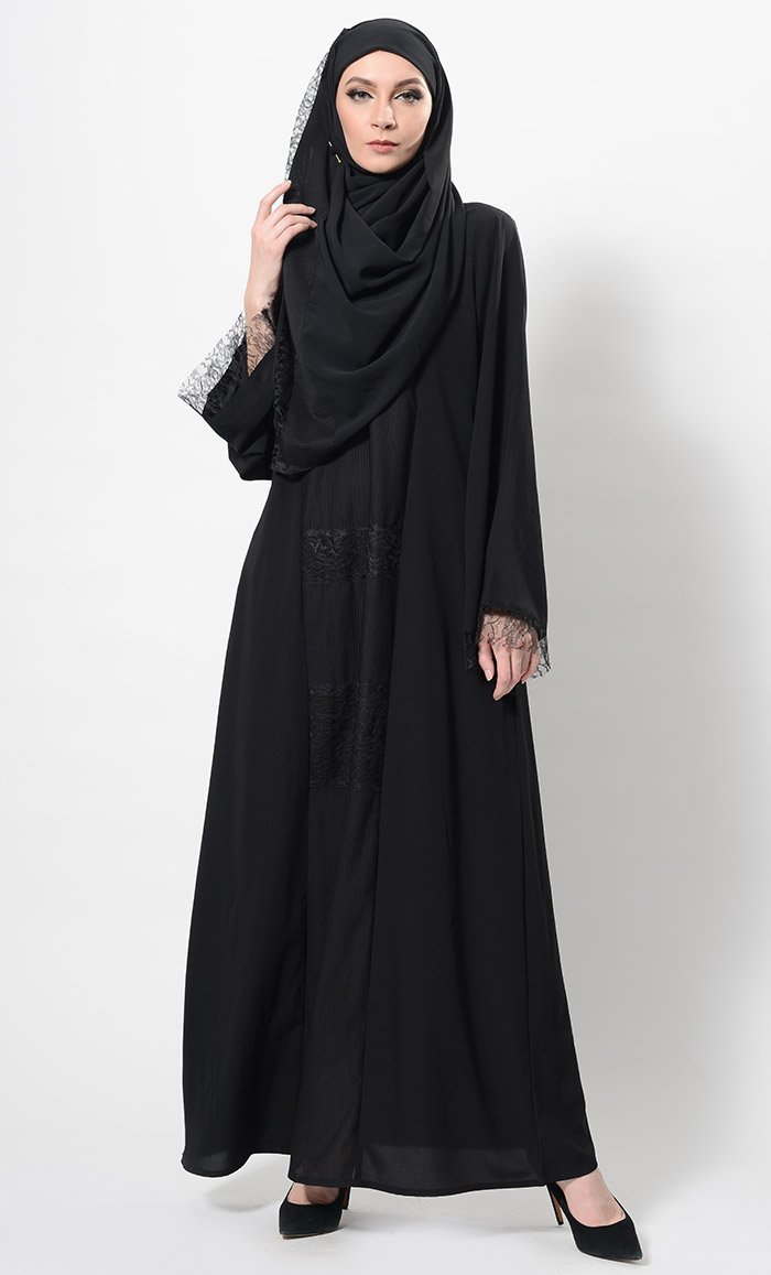 Lace Work Flared Abaya Dress And Hijab Set