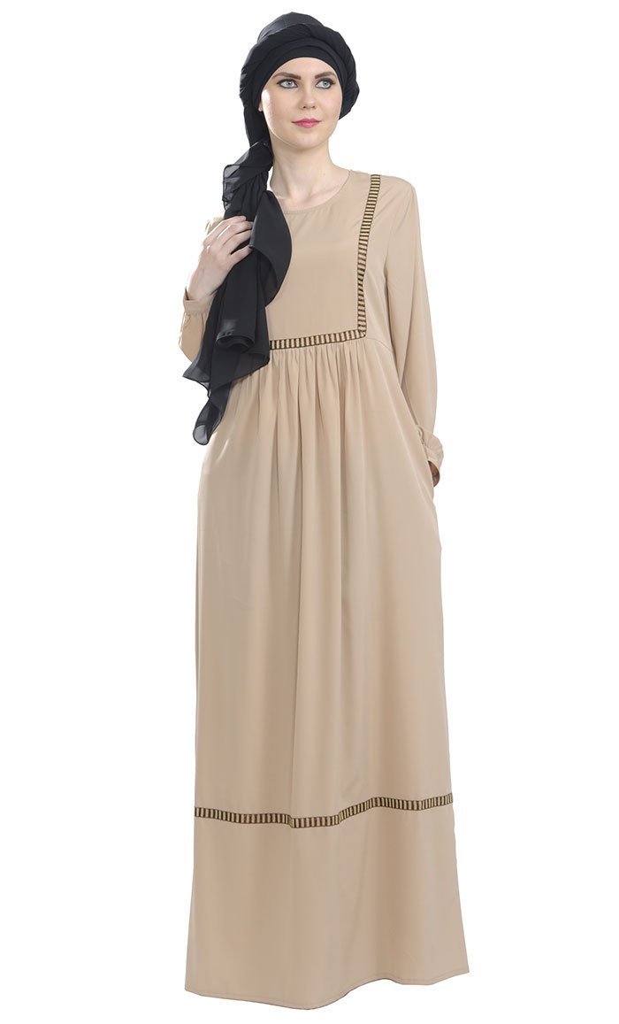 Gold Trims Detail Flared And Pleated Abaya Dress