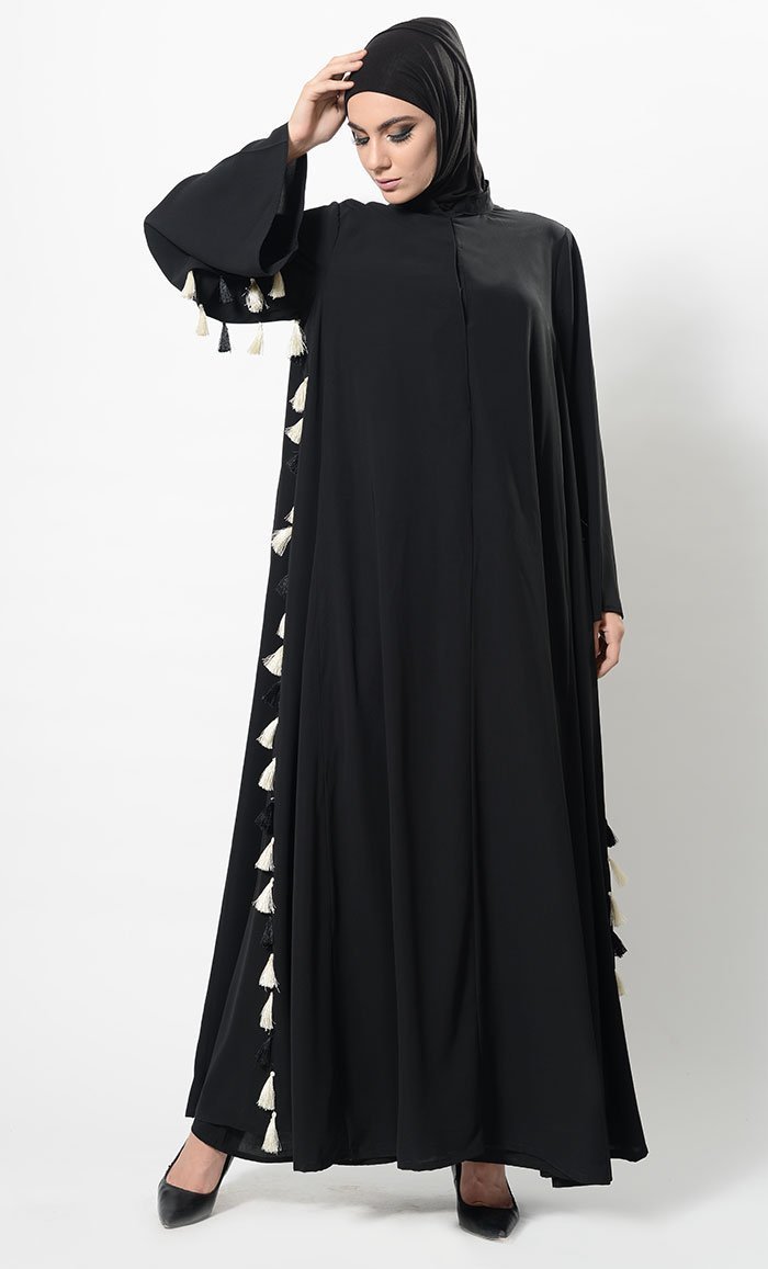 Montone Thread Frilnges Tassel Abaya Dress And Hijab Set