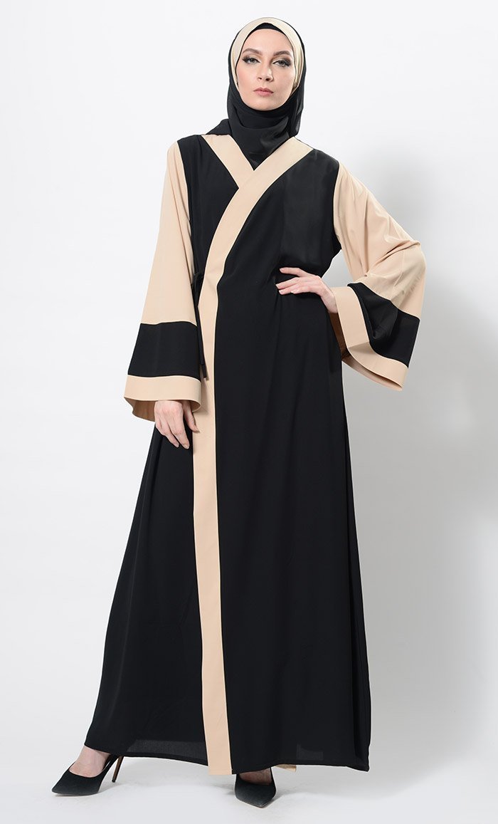 Color Block Wrap Around Abaya Dress And Hijab Set