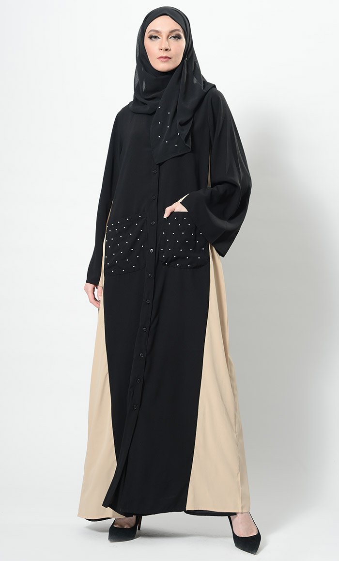 Pearls Embroidered Contrast Panel Abaya Dress And Hijab Set