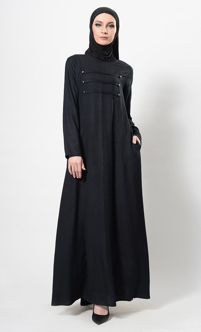 Modest Wear Pleated And Buttons Detail Abaya Dress And Hijab Set