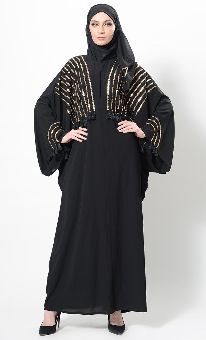 Sequins Embroidered And Thread Fringes Abaya Dress And Hijab Set