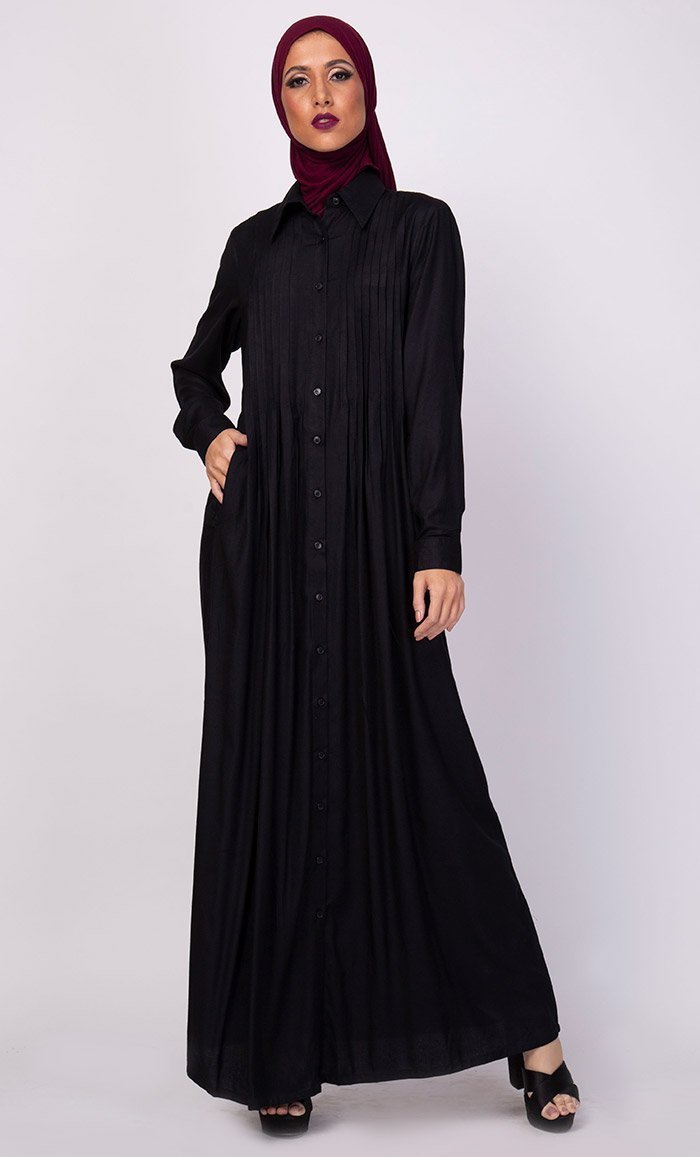 Pintuck Pleated Detail Button Down Abaya Dress