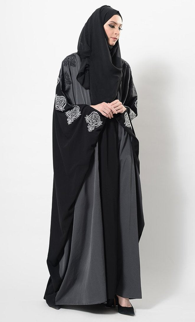 Embroidered Motifs Kimono Sleeves Abaya Dress And Hijab Set