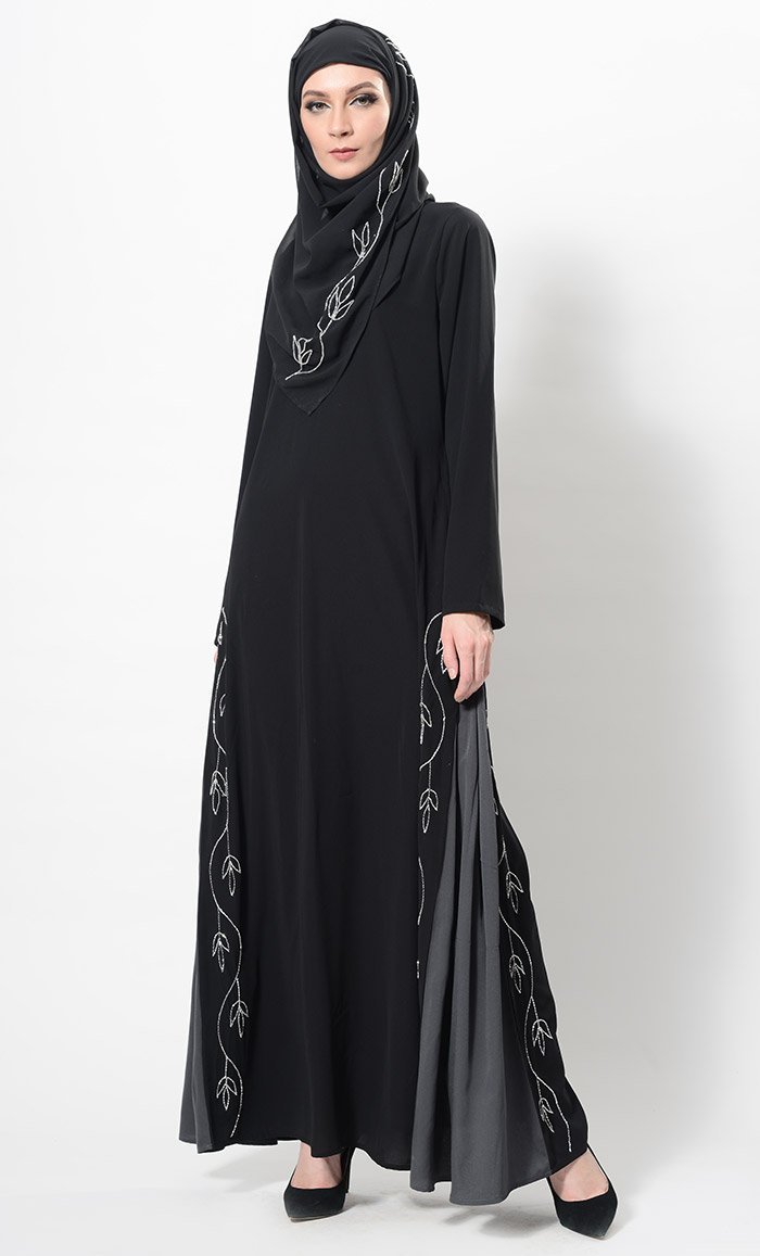 Floral Embroidered Two Tone Abaya Dress And Hijab Set