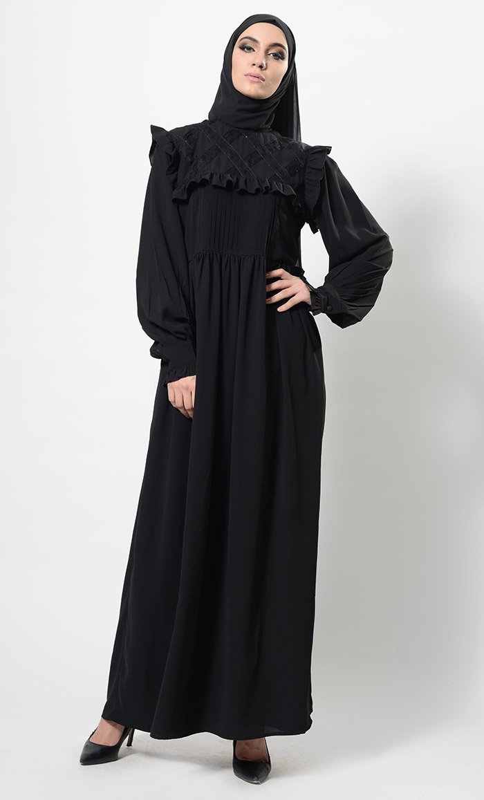 Sequins Sculpted And Frilled Abaya Dress And Hijab Set