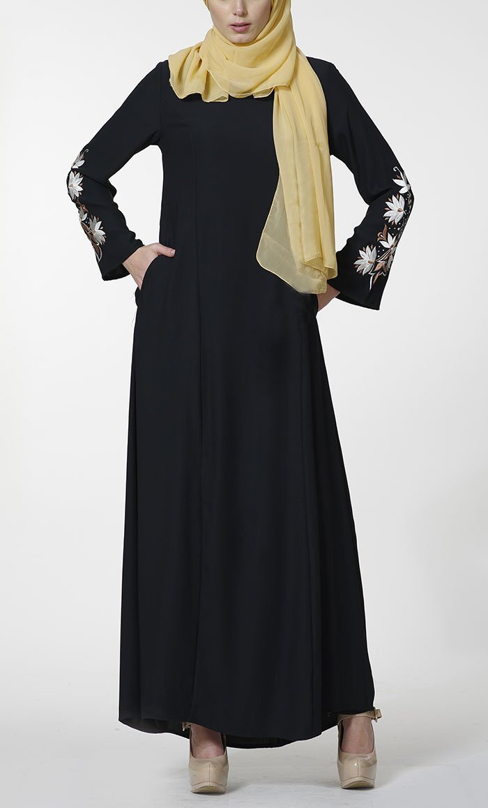 Floral embroidered sleeves detail abaya dress