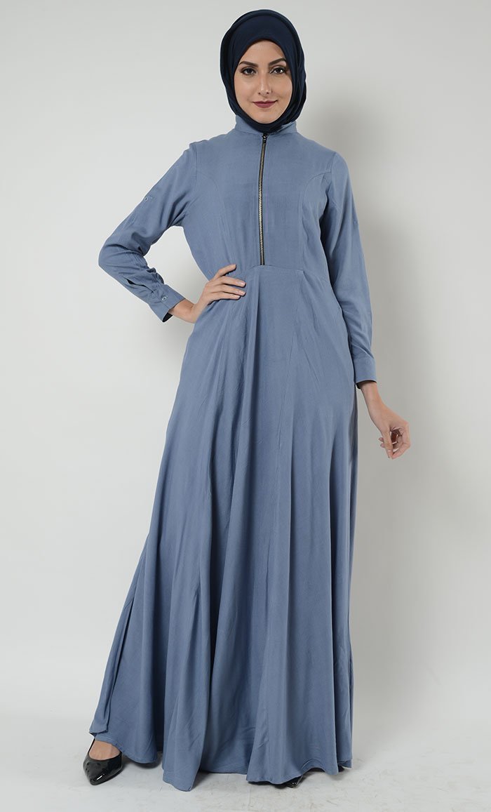 Short collar and zipper detail basic abaya dress