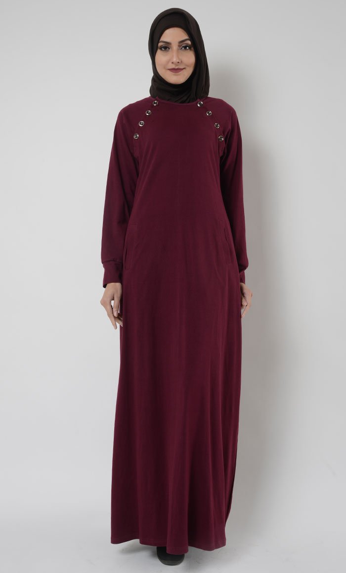 Buttoned shoulders detail basic everyday wear abaya dress