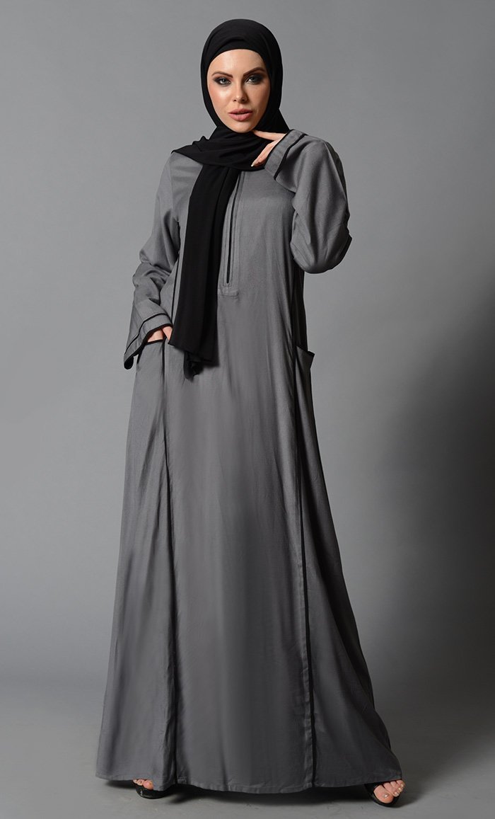 Zipper detail and contrast color trims basic abaya dress