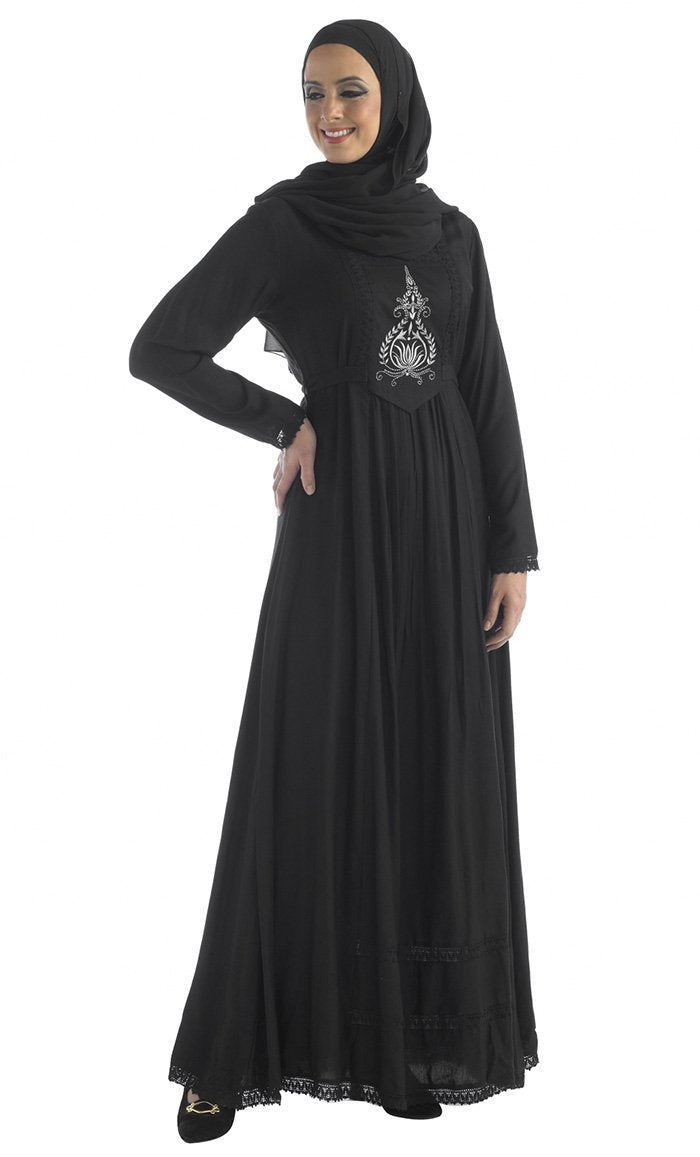 Floral embroidered motif and laced trims abaya dress