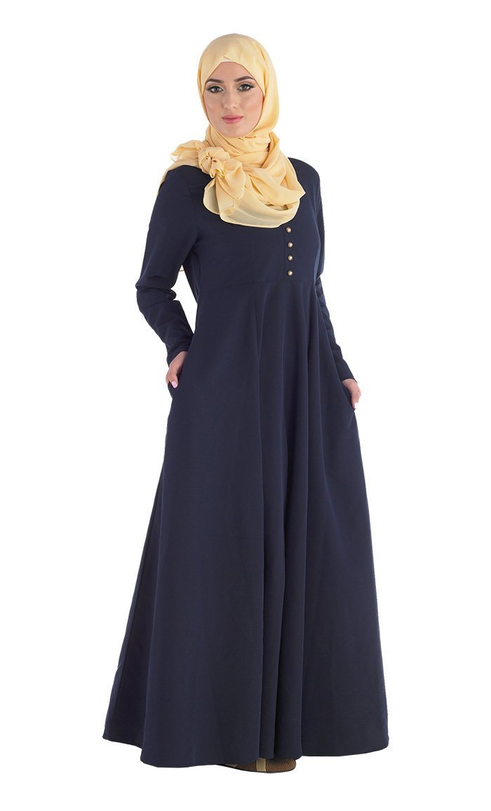 Gold Buttons Detail Fit And Flared Abaya Dress