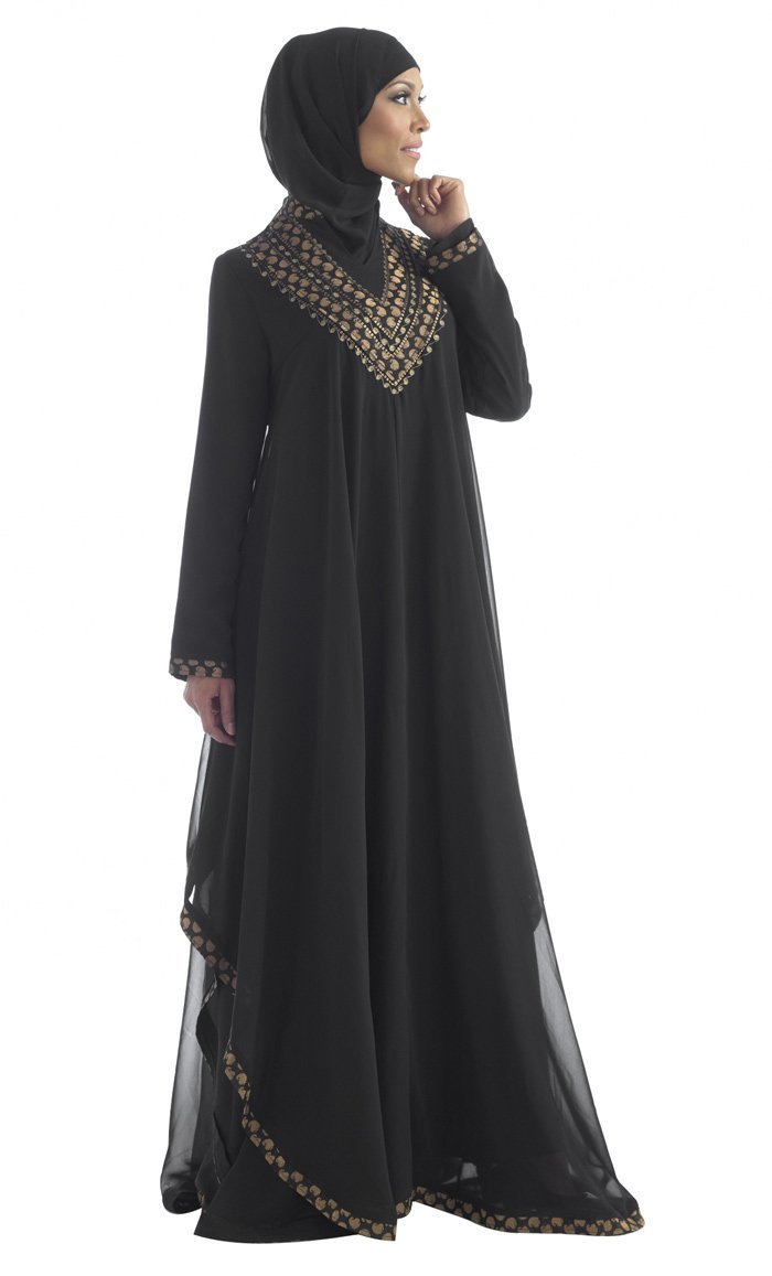 Golden Applique Work Double Layered Flared Abaya Dress