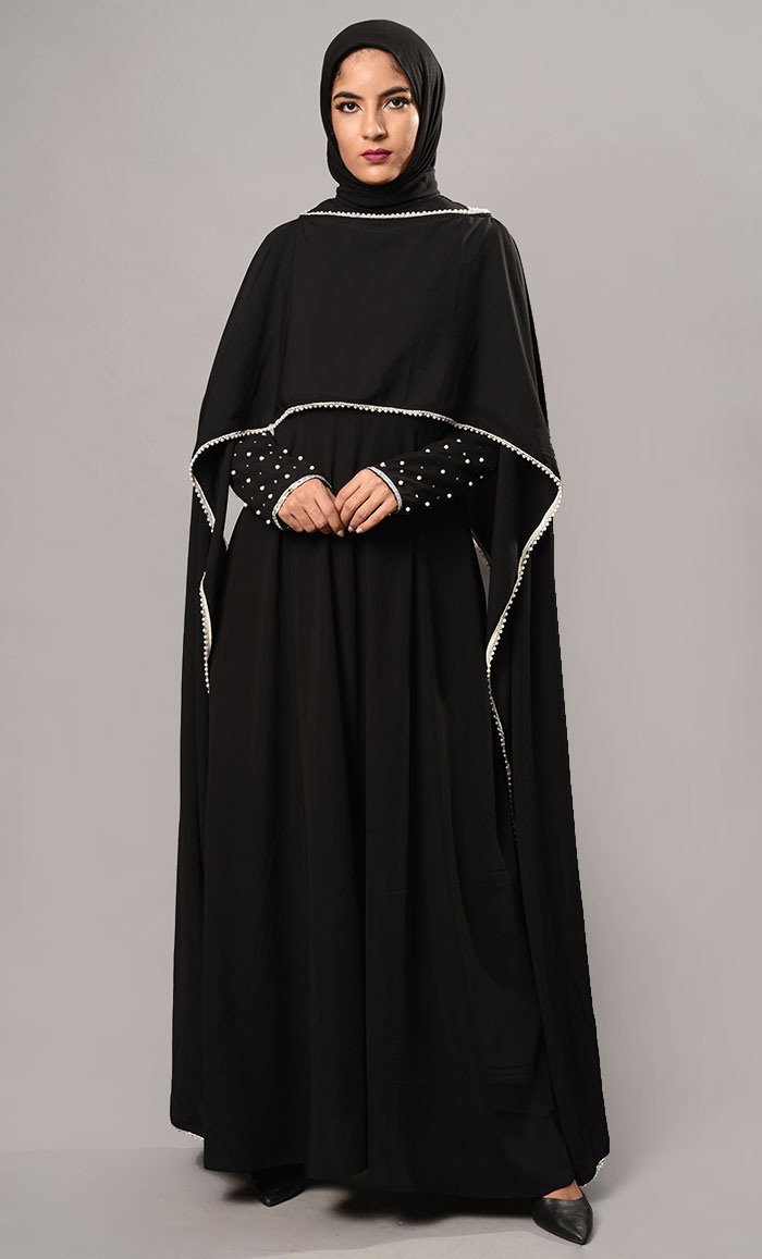 Pearl Embroidered Cape Style Abaya Dress