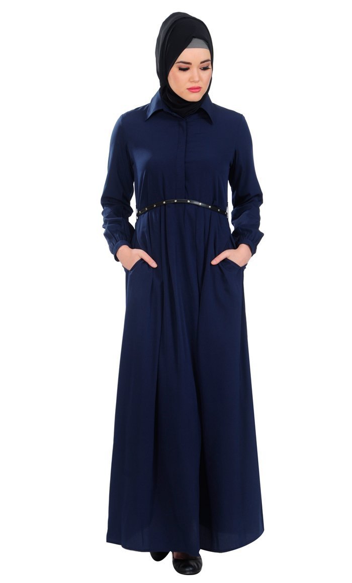 Shirt Style Fit And Flared Abaya Dress With Leather Waistbelt