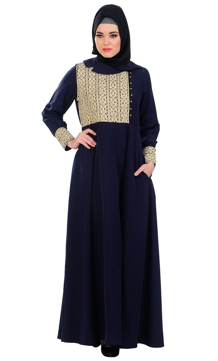 Lace work overlapping panel muslimah abaya dress