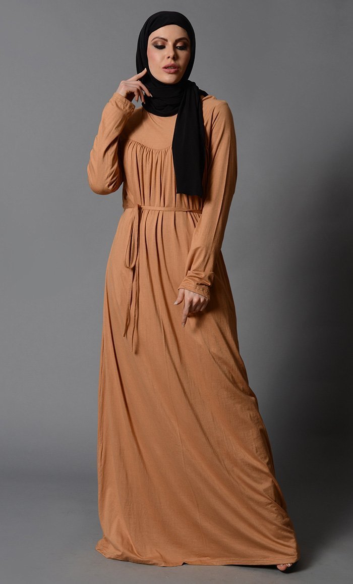 Everyday Multi Pleats Lycra Abaya - Honey Sand