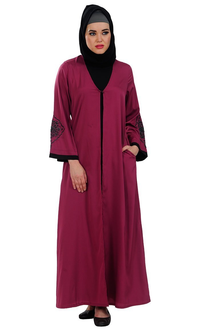 Beads Embroidered Front Open Two Piece Abaya Set