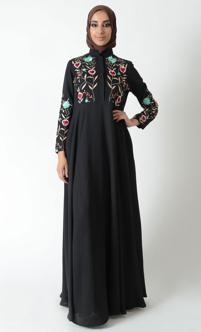 Floral and heart embroidered traditional abaya dress