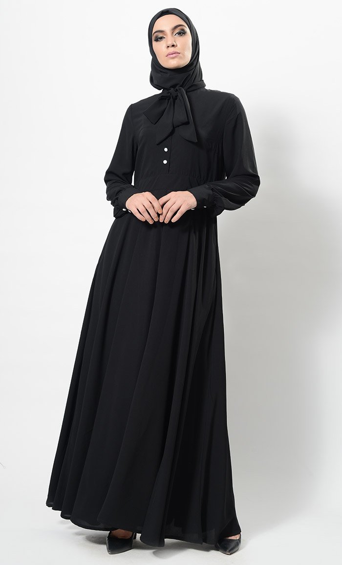 Button Down And Jabot Collared Baisc Abaya Dress And Hijab Set