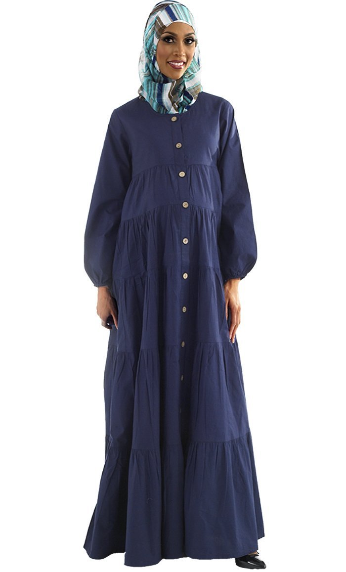 Multi Tiered Button Down Maternity Wear Abaya Dress