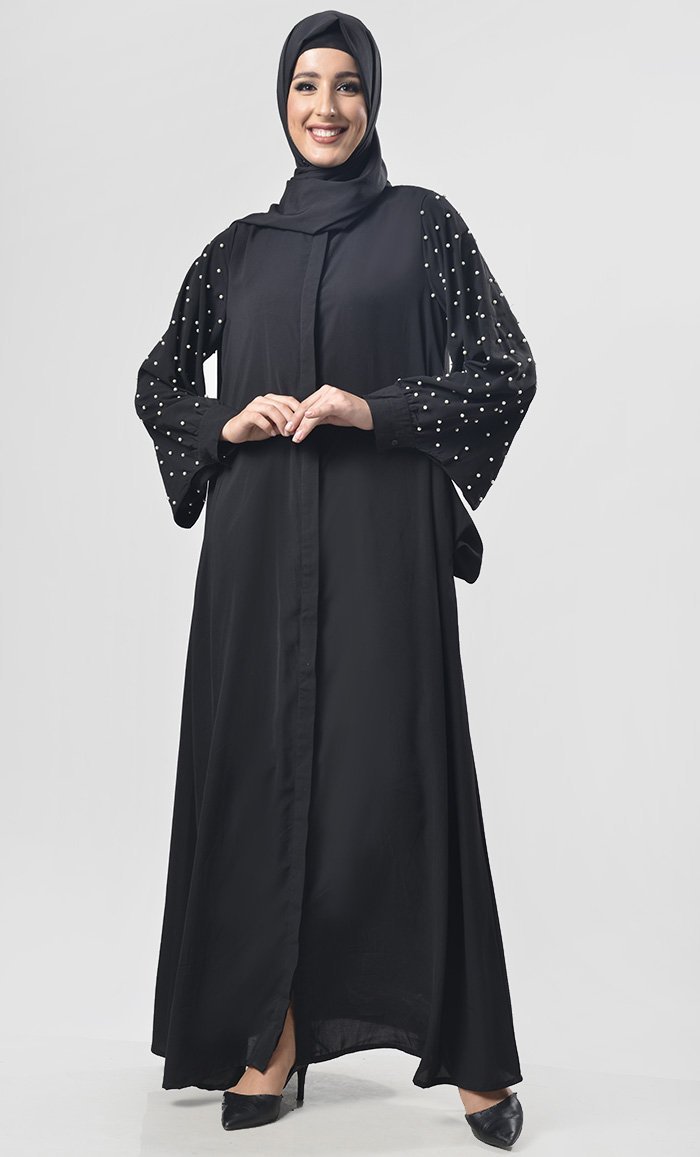 Black White Beads Intricate Abaya