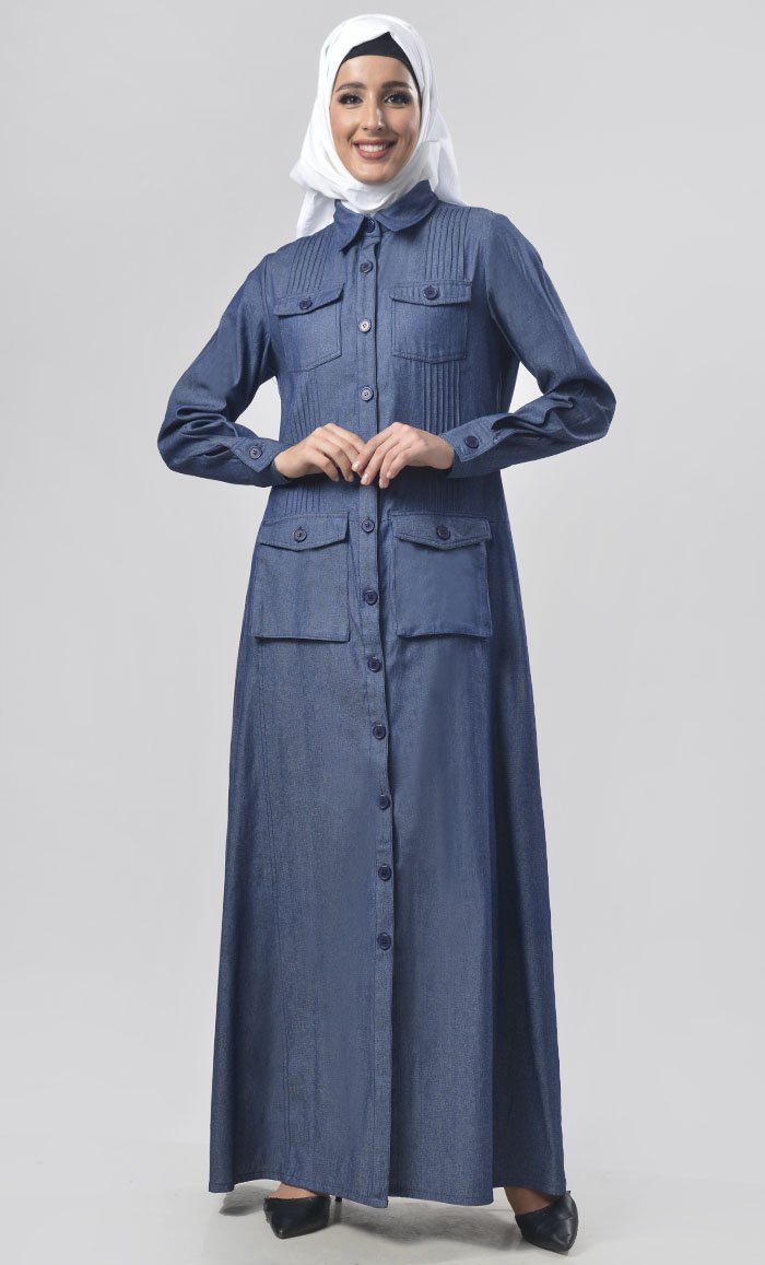 Modest Denim Knife Pleated Detailing Jilbabs