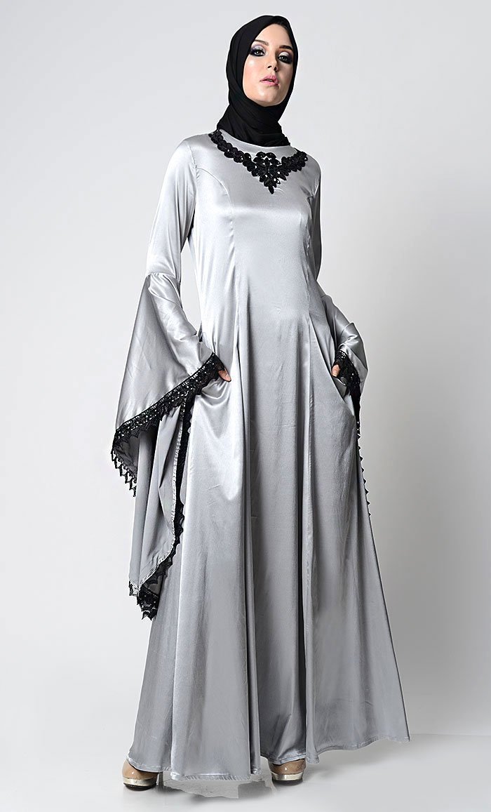 Classic Gray Embroidered Luxe Abaya - Teal