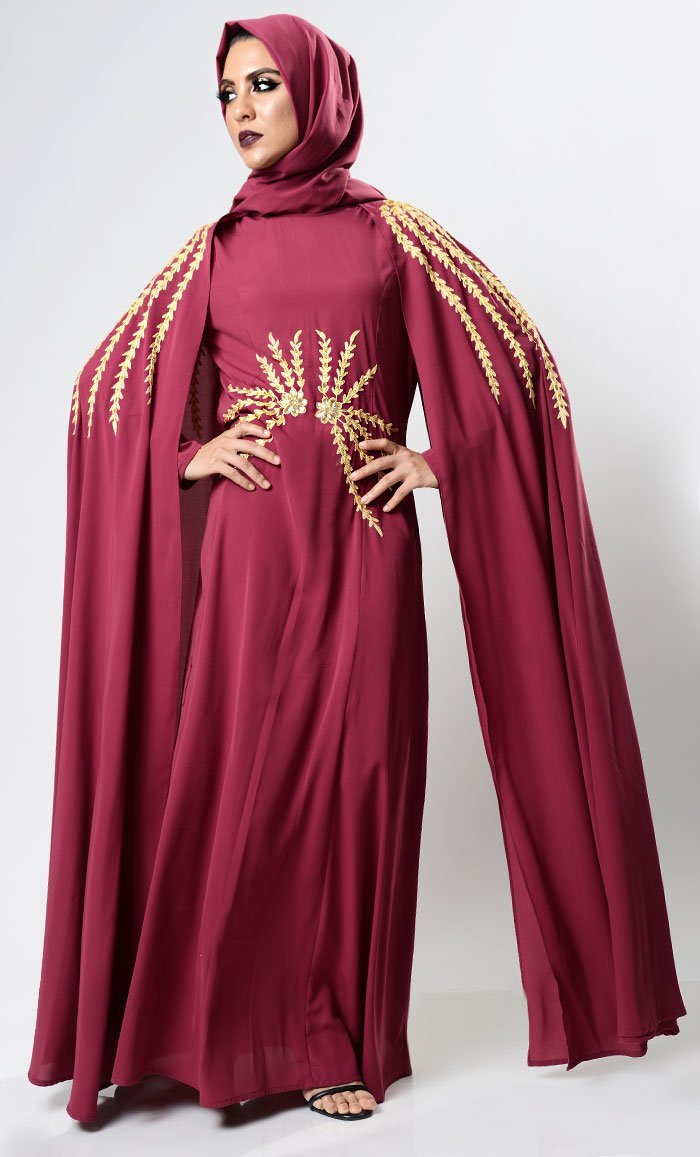 Maroon Dramatic Lavish Embroiderd Abaya