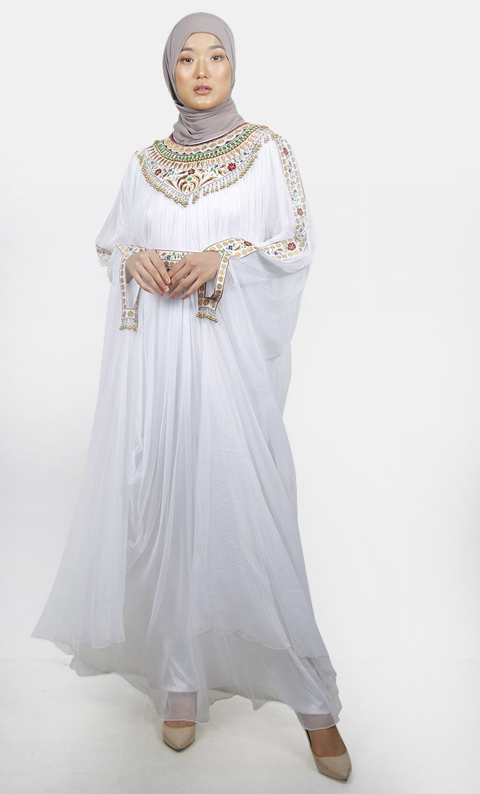 White Choker Neck Hand Work Embroidered Kaftan