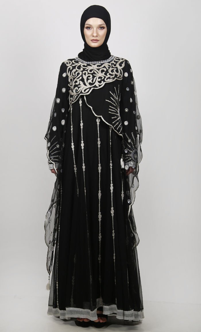 Black Asymmetric Embroiderd Scalled Up Yoke Abaya With Beautiful Extended Bell Sleeves