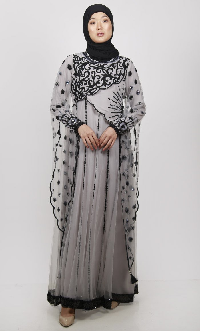 Grey Asymmetric Embroiderd Scalled Up Yoke Abaya With Beautiful Extended Bell Sleeves