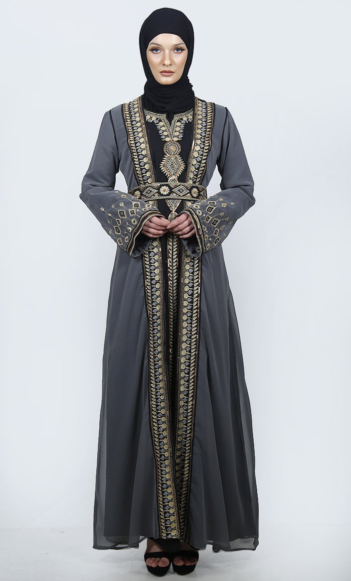 Calming Grey Embroidered Moroccan Ocassion Wear Abaya With Loose Belt