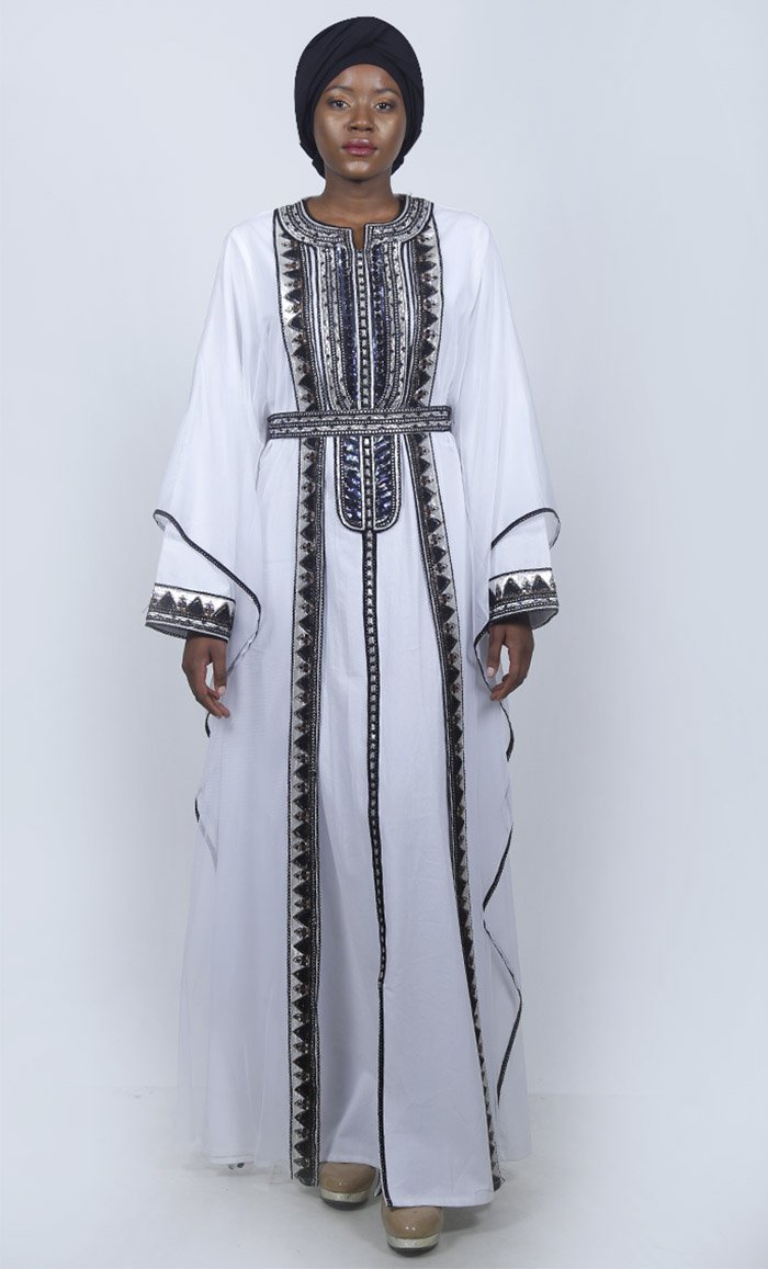 White Attached Kaftan Style Shrug With Full Length Embroidered Abaya