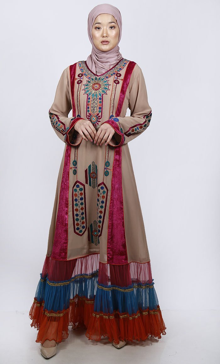 Sand Ancient Motif Embroidered Velvet Paneled Abaya