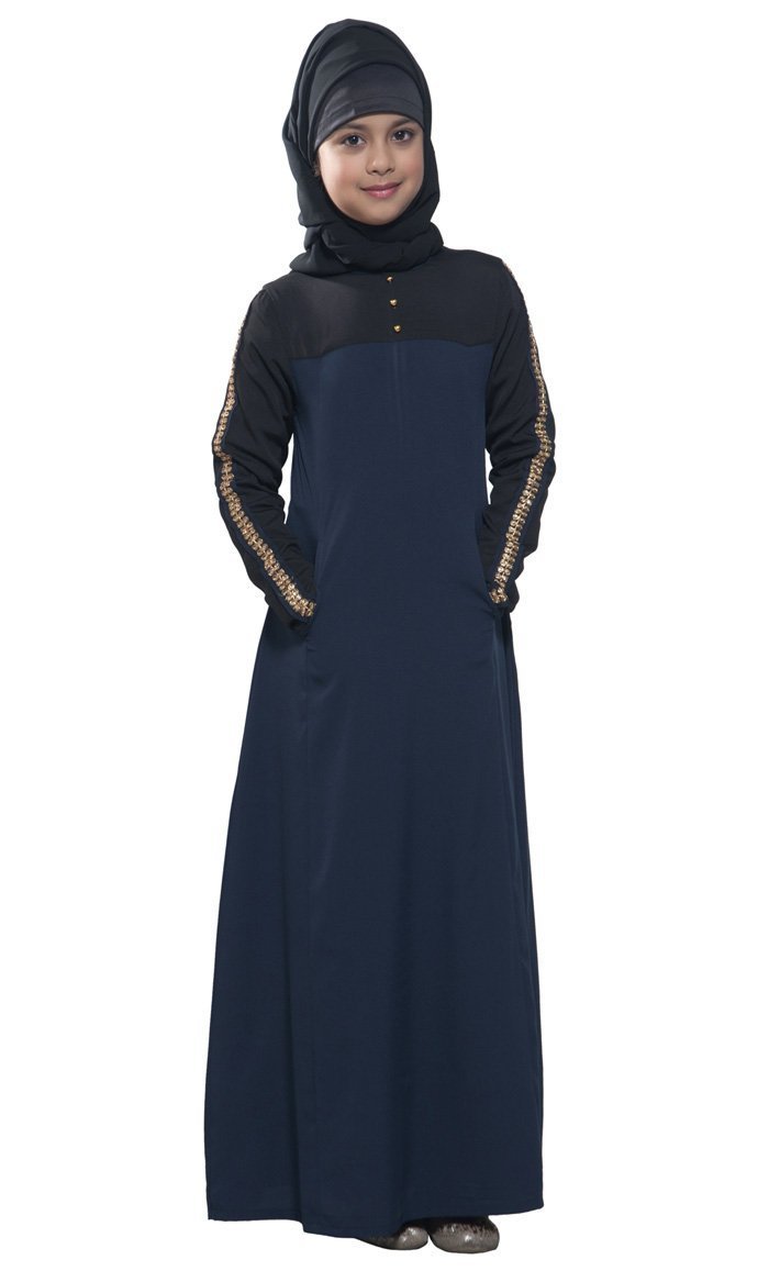 Navy & Black crepe color block zari lace Abaya