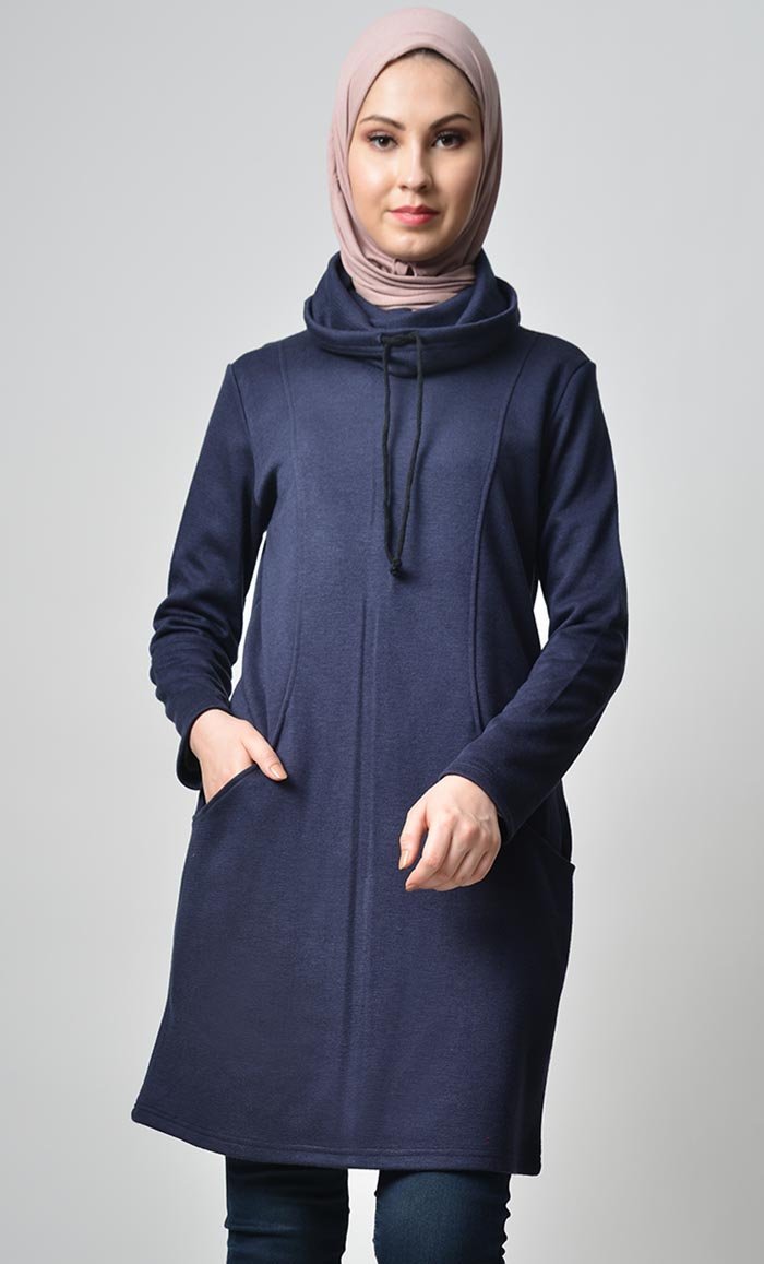 Rolled Up Collar Hoodie-Navy