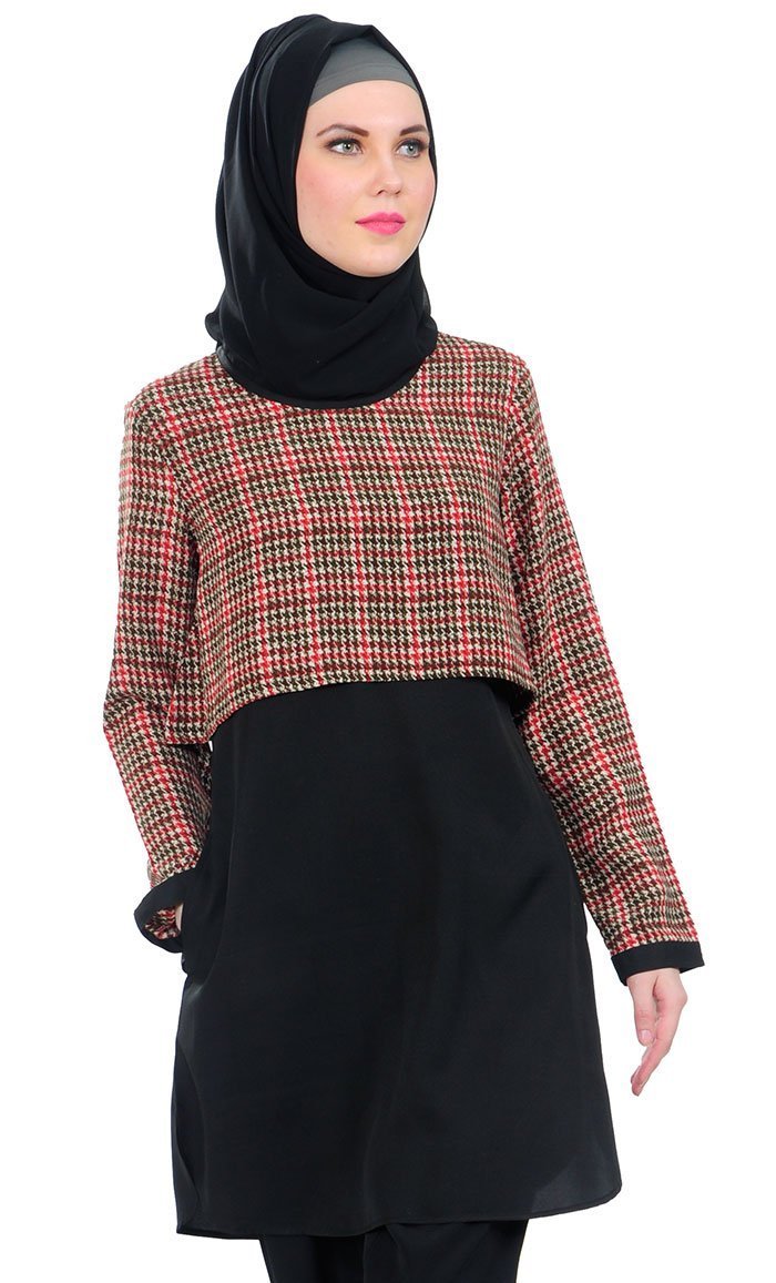 Plaid Overlapping Panel Modest Wear Tunic