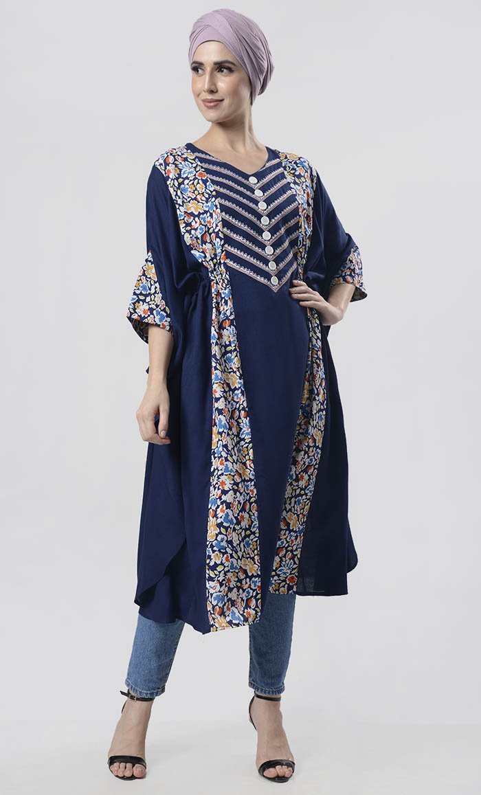 Women'S Embroidered Tunic With Printed Crepe Side Paneled